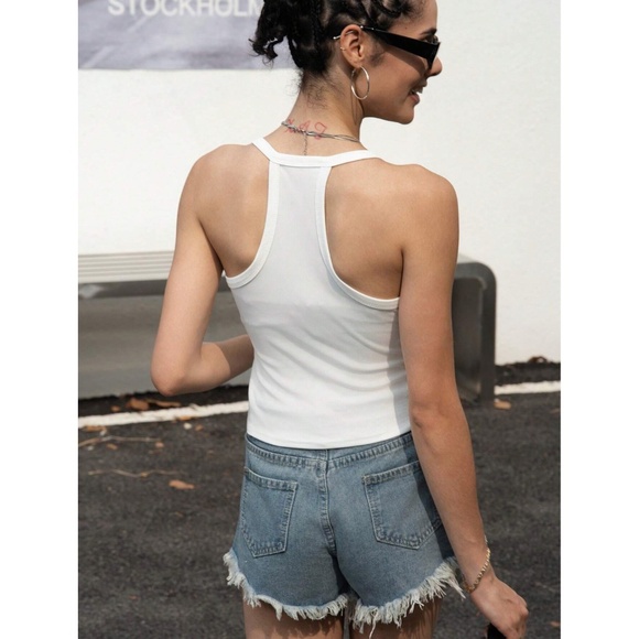 White Ribbed Tank Top Racerback V-Neck Slim Fit Stretchy Basic - Picture 8 of 15